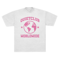 a white t - shirt that says quiet club worldside in pink