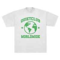 a white t - shirt that says quiet club world wide