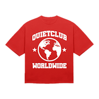 a red t - shirt that says quiet club worldwide