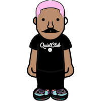 a man with a mustache and pink mustache wearing a black t - shirt